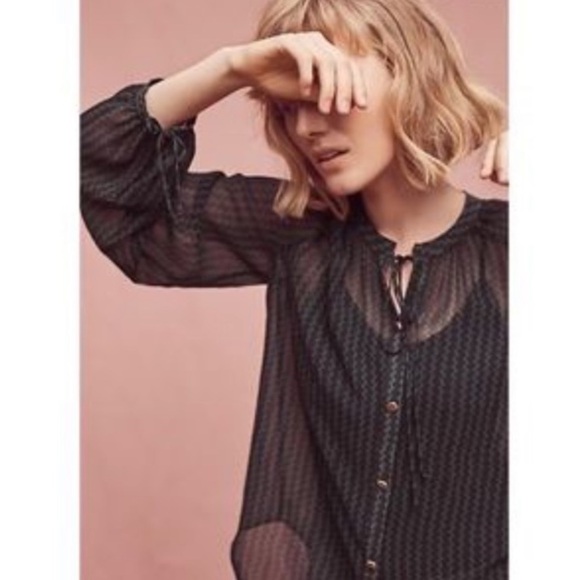 Anthropologie Maeve Della Sheer Navy Green Pattern Button Front Blouse - Picture 2 of 13